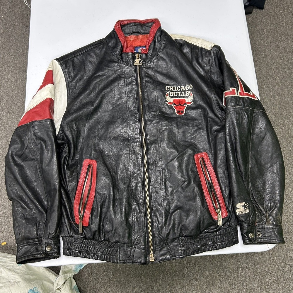 Starter Chicago Bulls Leather Jacket Mens L Black Vintage Full Zip Bomber NBA